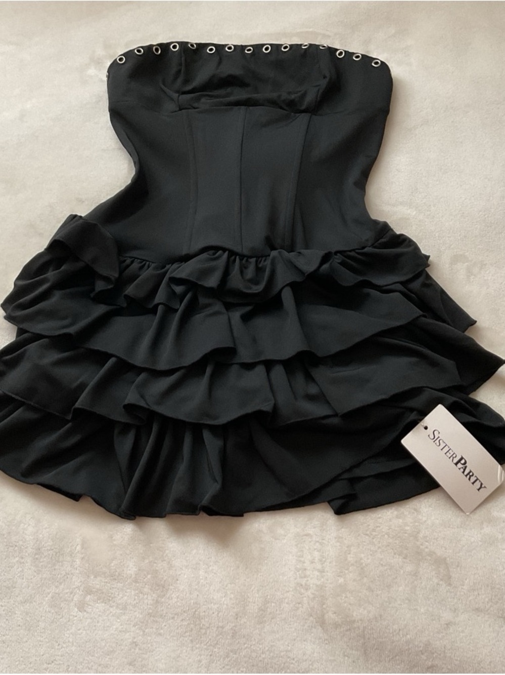 Black Strapless Ruffle Tiered Mini Dress